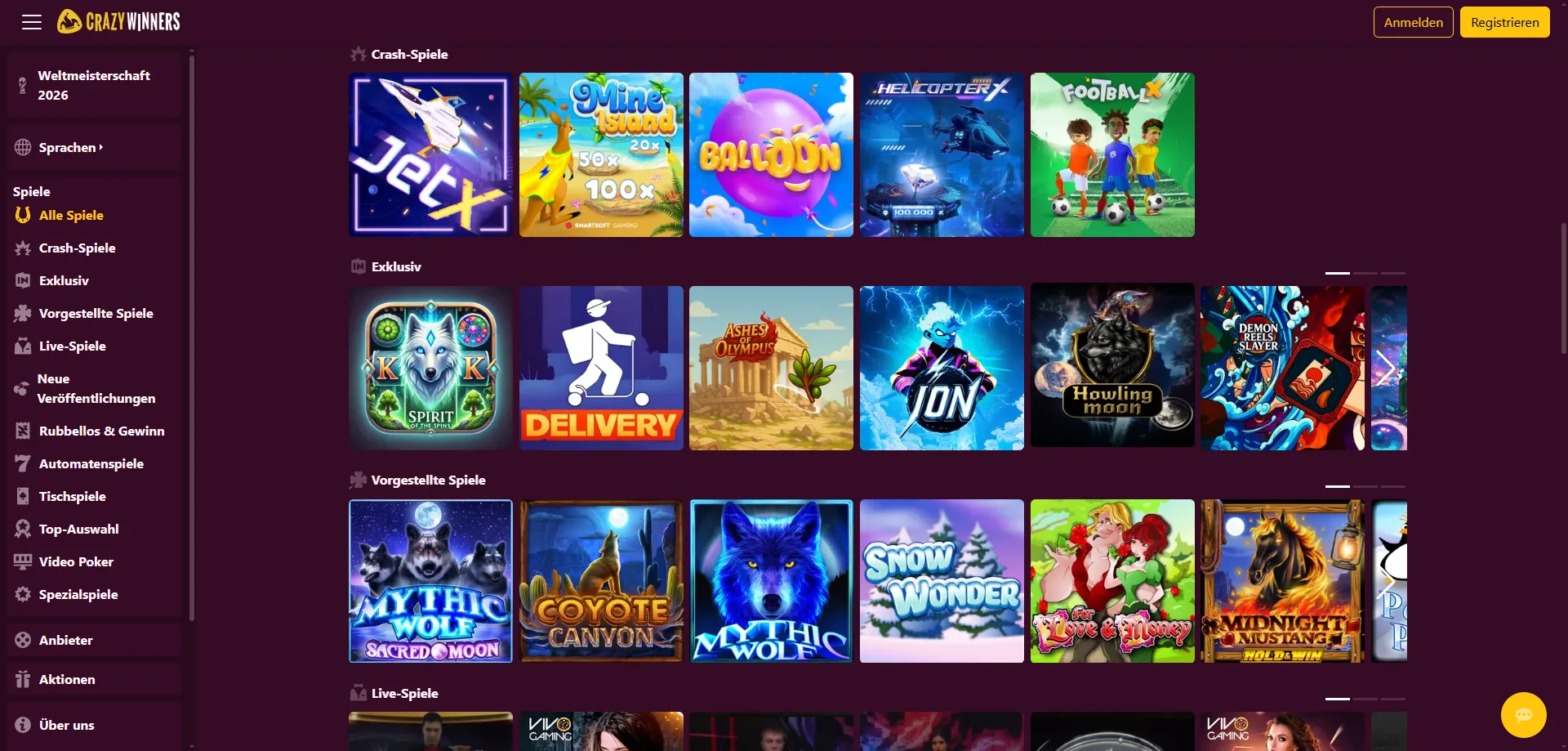 Spielauswahl bei Crazy Winners &ndash; Slots, Tischspiele und Live-Casino &mdash; Crazy Winners
